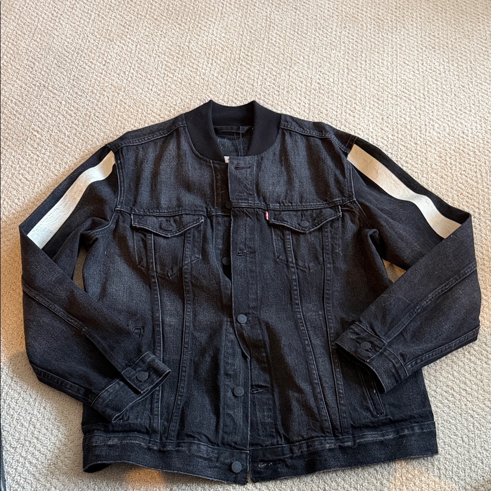 Levi's Black Denim Bomber Jacket with White Sleeve Stripes